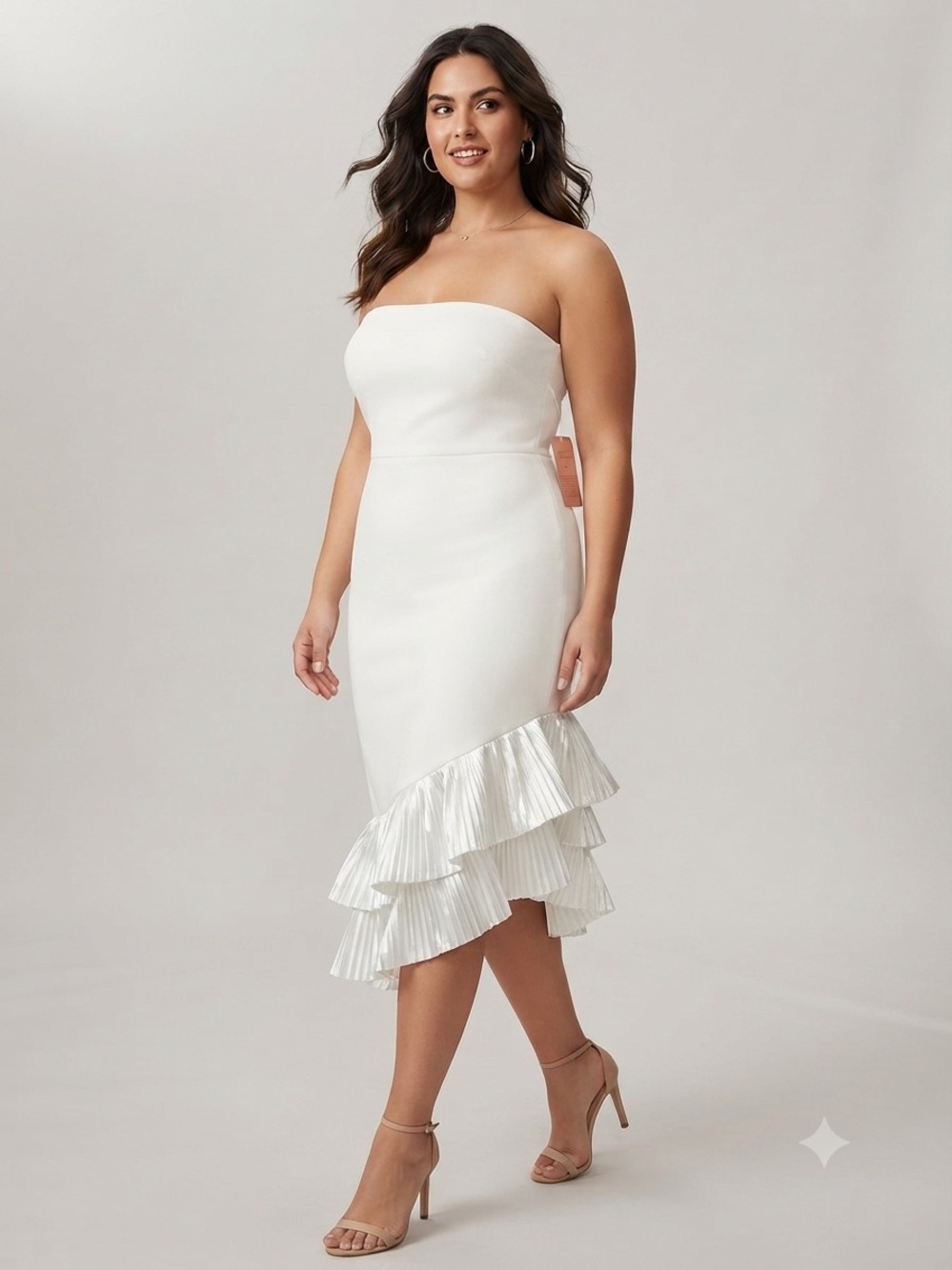 Strapless White Ruffle-Hem Midi Dress
